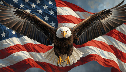 Naklejka premium An imposing eagle with sharp eyes, captured in mid-flight, while the USA flag softly waves in the blurred background, symbolizing freedom and the spirit of the American wild,created with generative ai