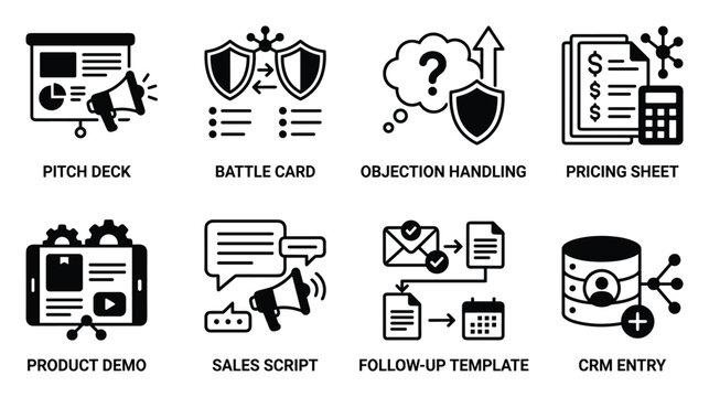 Business pitch deck icons battle card objection handling pricing sheet product demo sales script.