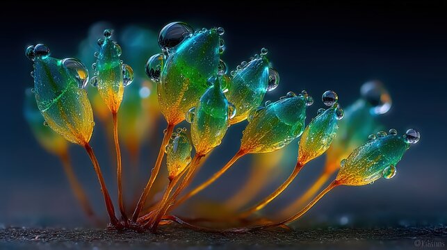 Sparkling dew on moss capsules and spores macro