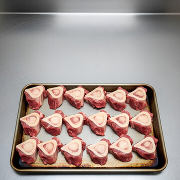 Cleaned beef marrow bones lined up on a metal baking tray in the bottom center of a stainless steel counter, wide empty upper counter area kept as negative space for broth or nose‑to‑tail messaging.