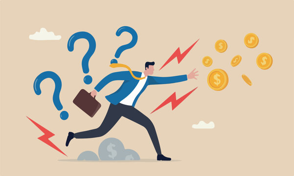 Financial risk, greed fear investment, making money, debt or loss problem, chasing investment return, danger or crisis, businessman risk himself chasing money to grab flying dollar gold coin