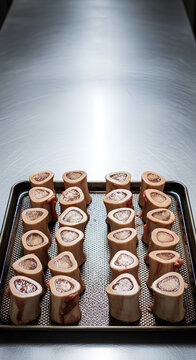 Cleaned beef marrow bones lined up on a metal baking tray in the bottom center of a stainless steel counter, wide empty upper counter area kept as negative space for broth or nose‑to‑tail messaging.