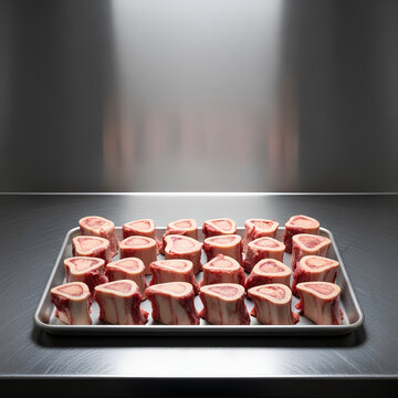Cleaned beef marrow bones lined up on a metal baking tray in the bottom center of a stainless steel counter, wide empty upper counter area kept as negative space for broth or nose‑to‑tail messaging.