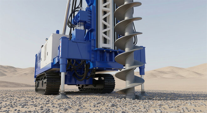 Industrial rotary drilling rig with spiral auger, heavy construction machinery for foundation work, blue hydraulic piling machine in desert