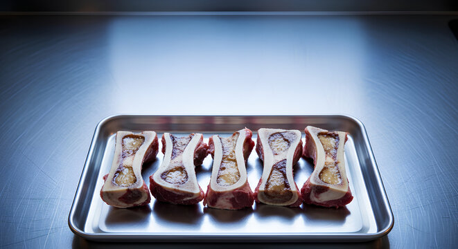 Cleaned beef marrow bones lined up on a metal baking tray in the bottom center of a stainless steel counter, wide empty upper counter area kept as negative space for broth or nose‑to‑tail messaging.