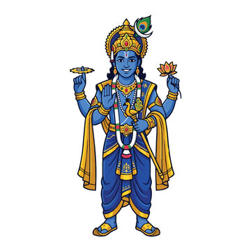 Vibrant vector illustration of a revered multi-armed blue divine figure, richly adorned with crown, traditional attire, holding symbolic objects like disc, conch, lotus, embodying spiritual wisdom