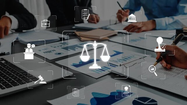 A dynamic business meeting involving professionals analyzing legal documents, finance data, and leveraging technology, with icons representing law and business communication. Raster
