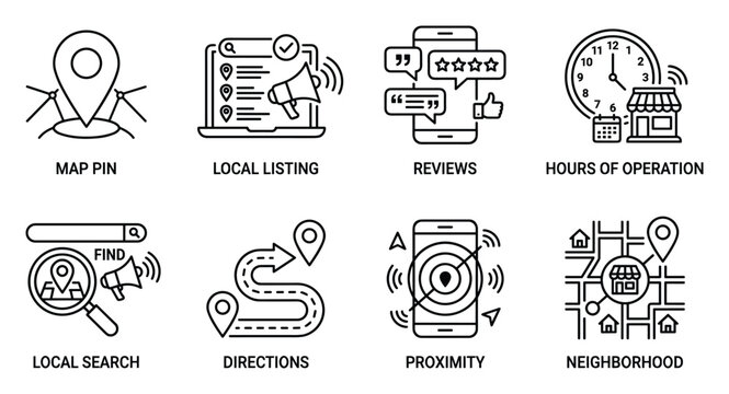 Map pin local listing reviews hours operation local search directions proximity neighborhood.