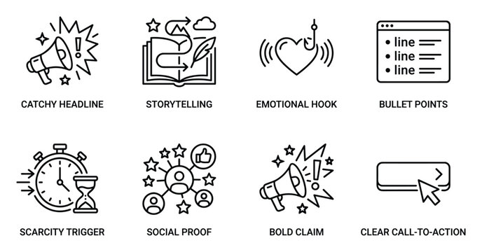 Marketing communication icons catchy headline storytelling emotional hook bullet points scarcity trigger social.
