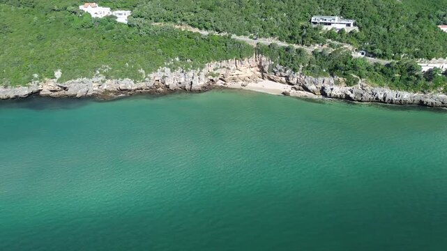 praia do piloto arrabida drone footage aerial shot in portugal