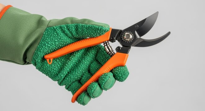 Gardeners Hand Holding Orange and Black Pruning Shears.