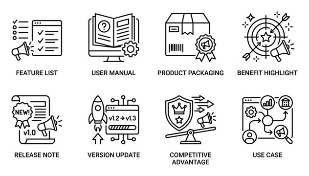 Product and service icons for feature list user manual product packaging benefit highlight release.
