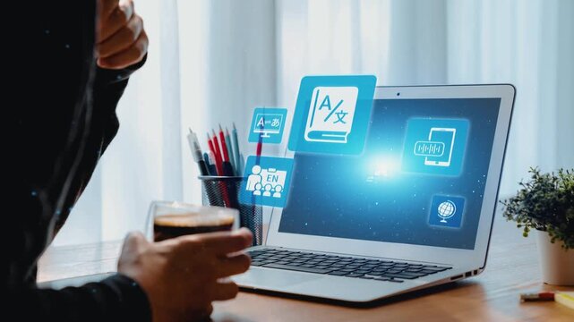 Translation icons show international languages, interpretation, and communication. Translation helps global business, translation supports learning, and translation improves cultural exchange. Gist