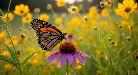 Obraz premium Monarch Butterfly on Purple Coneflower in Wildflower Meadow, Macro Photography, Nature's Beauty, Springtime Serenity