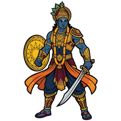 Fototapeta premium Illustration of Lord Krishna as a warrior, holding a sword and shield, adorned in traditional Indian attire and jewelry, with a divine aura