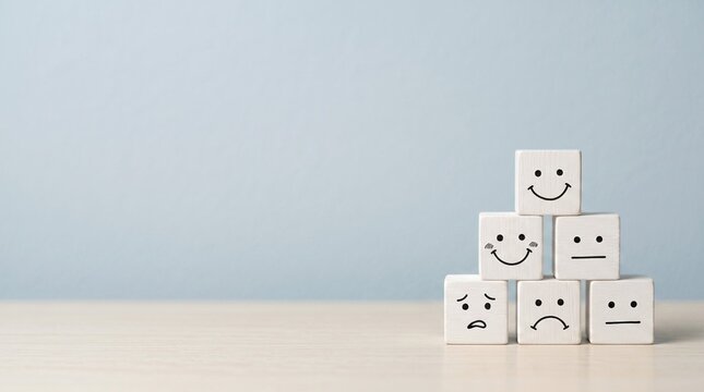 Customer Satisfaction Levels Represented by Smiley and Frowny Faces on Blocks
