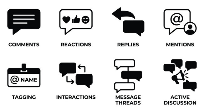 Social media comments reactions replies mentions tagging interactions message threads active discussion icons.