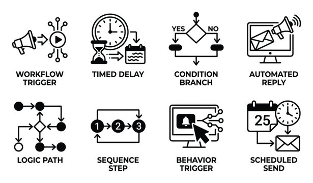 Workflow automation icons for triggers delays branches replies logic paths sequences behavior and scheduling.