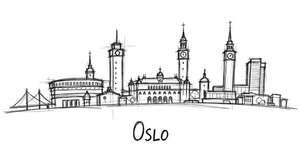 Obraz premium Minimalist Sketch of Oslo City Skyline Highlighting Iconic Landmarks and Urban Structure in Black Line Art Style