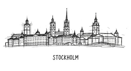 Fototapeta premium Elegant minimalist line drawing of Stockholm's historic cityscape with iconic spires and rooftops capturing Scandinavian