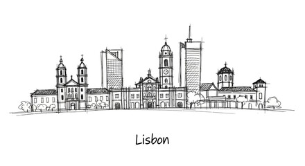 Obraz premium Minimalist Line Drawing of Lisbon's Skyline Featuring Historic and Modern Architecture