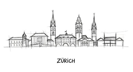 Obraz premium Artistic Sketch of Zurich's Iconic Cityscape Featuring Historic Churches and Architectural Landmarks