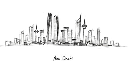 Obraz premium Elegant pen sketch of the Abu Dhabi skyline showcasing iconic skyscrapers and architectural features in a minimalist art style