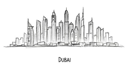 Naklejka premium Minimalist sketch of Dubai skyline featuring iconic skyscrapers and cityscape silhouette with artistic line art style