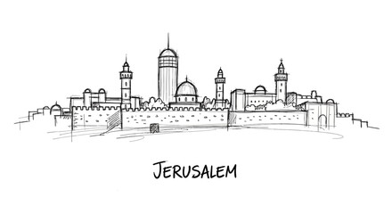 Obraz premium Elegant hand-drawn sketch of historic Jerusalem skyline featuring ancient walls and prominent religious structures capturing