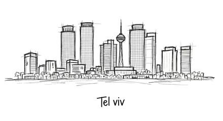 Naklejka premium Elegant hand-drawn cityscape of tel aviv featuring iconic skyscrapers and urban skyline captures vibrant metropolitan atmosphere