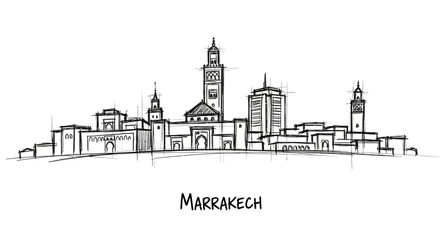 Obraz premium Stylized Line Drawing of Marrakech's Iconic Cityscape with Famous Towers and Traditional Architecture