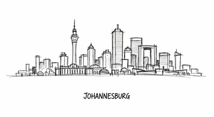 Obraz premium Minimalist Line Sketch of Johannesburg Skyline Featuring Tall Buildings and Iconic Tower