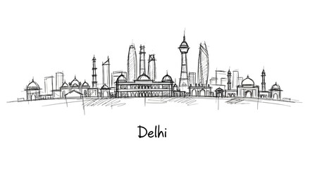 Fototapeta premium Stylized Hand-Drawn Cityscape Illustrating Delhi's Architectural Skyline and Urban Landscape