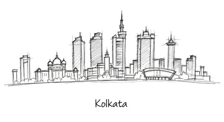 Obraz premium Stylized Hand-Drawn Skyline of Kolkata Showcasing Its Iconic Architectural Landmarks and Vibrant Urban Life in Minimal Sketch