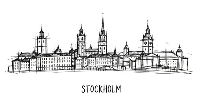 Elegant minimalist line drawing of Stockholm's historic cityscape with iconic spires and rooftops capturing Scandinavian
