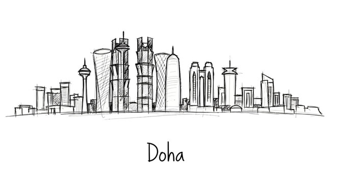 Minimalist black and white sketch of Doha skyline capturing iconic skyscrapers and cityscape