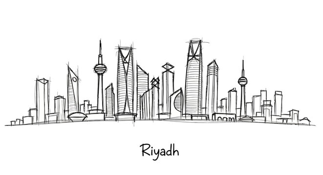 Minimalist Sketched Illustration of Riyadh's Iconic Skyline Highlighting Tall Buildings and Architectural Structures