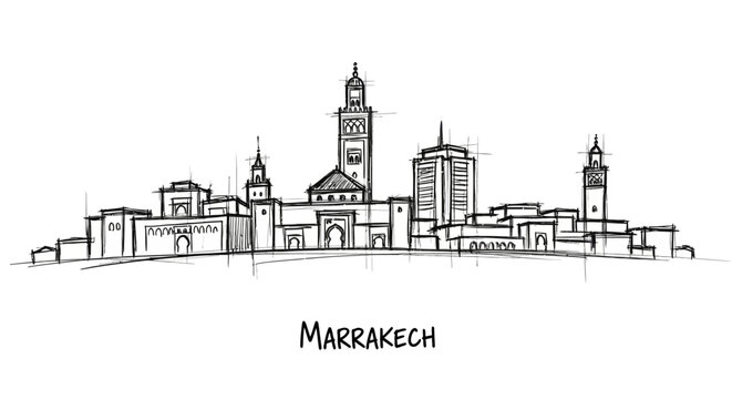 Stylized Line Drawing of Marrakech's Iconic Cityscape with Famous Towers and Traditional Architecture