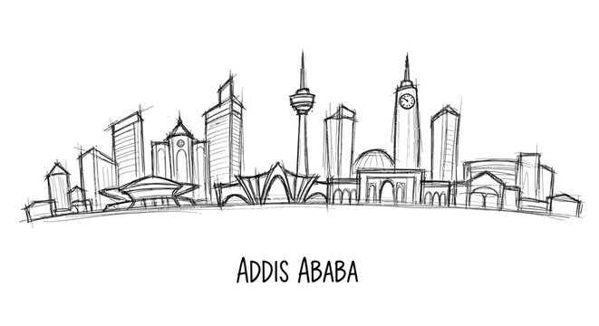 Contemporary Line Drawing of Addis Ababa Skyline Featuring Iconic Landmarks and Urban Architecture