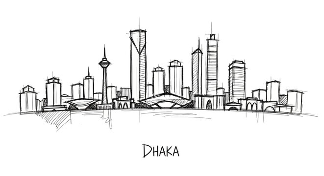 Minimalist Sketch of Dhaka's Urban Skyline Featuring Iconic Skyscrapers and Cityscape Details