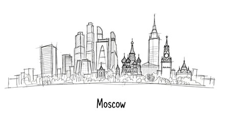 Fototapeta premium Minimalistic Sketch of Moscow Skyline Featuring Iconic Architectural Landmarks and Skyscrapers in Black and White Line Art