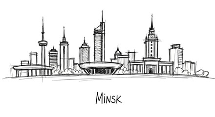 Obraz premium Urban skyline sketch of Minsk showcasing diverse architectural highlights and tall buildings in a minimalist artistic style