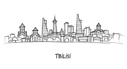 Fototapeta premium Sketched panoramic view of Tbilisi city skyline featuring historic and modern architecture in minimal line art style