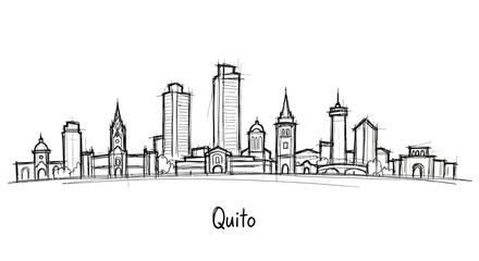 Obraz premium Stylized black and white urban city skyline sketch highlighting diverse architectural structures of quito with minimal artistic
