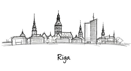 Fototapeta premium Sketched depiction of Riga's historic skyline showcasing gothic spires and modern structures capturing the city's architectural
