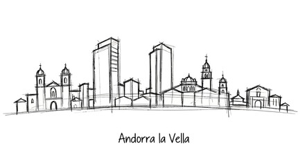 Fototapeta premium Stylized architectural skyline illustration depicting a mix of historic and modern buildings in Andorra la Vella in a minimalist