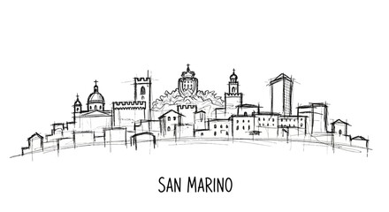 Naklejka premium Contemporary sketch of San Marino's historic cityscape highlighting architectural diversity and cultural heritage