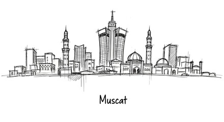 Obraz premium Minimalist Skyline Illustration of Muscat City with Towering Modern Buildings and Traditional Mosques