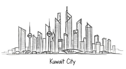 Fototapeta premium Minimalist Line Drawing of Kuwait City Skyline with Tall Modern Skyscrapers and Iconic Structures