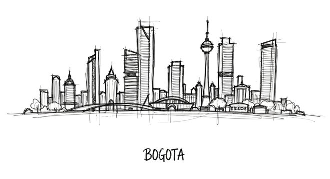 Minimalist Line Drawing of Bogota Skyline Featuring Iconic High-Rise Buildings and Urban Landscape